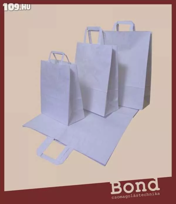 Papír szalagfüles táska nyomatlan fehér 18 x 22 x 8 (1000 db)